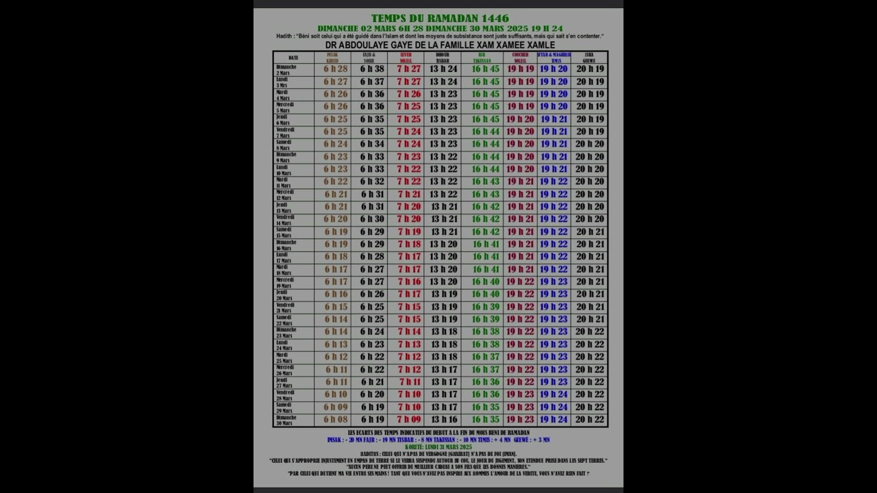 Calendrier Ramadan 2025